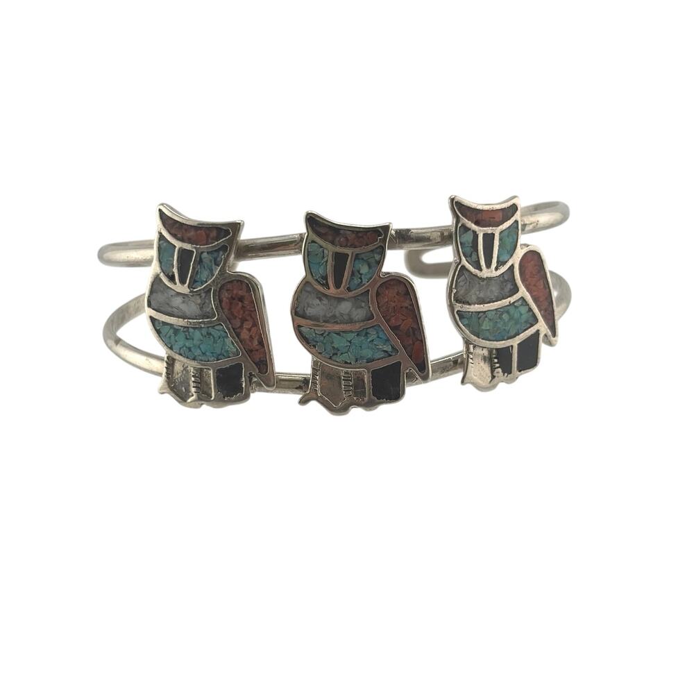 Vintage Native American Sterling Silver Triple Owl Turquoise Coral Inlay Cuff